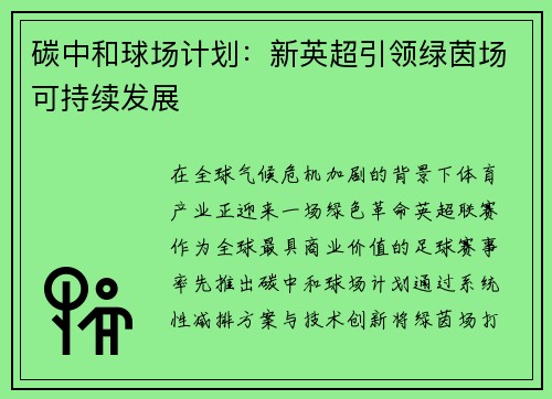 碳中和球场计划：新英超引领绿茵场可持续发展